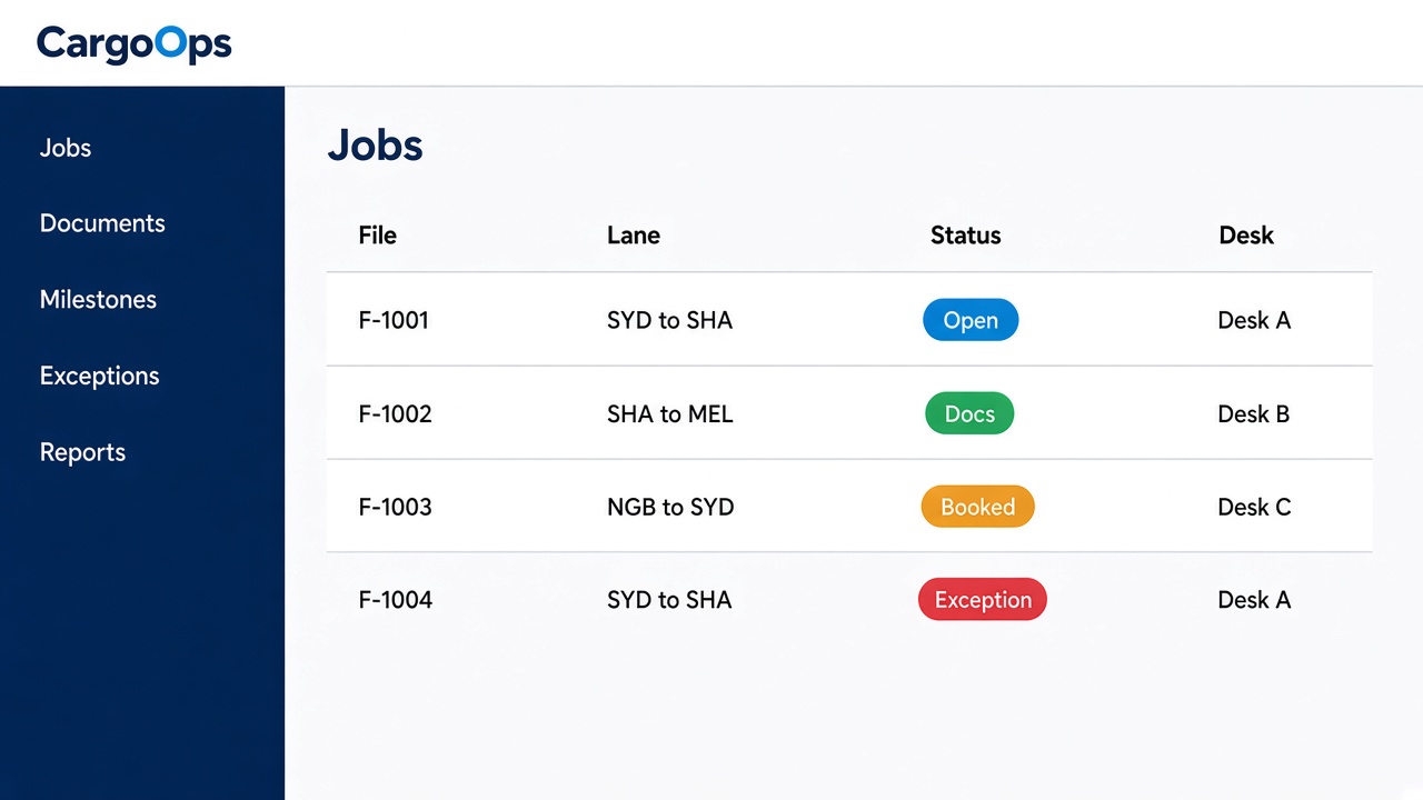 Sample back-office dashboard with jobs, lanes and status