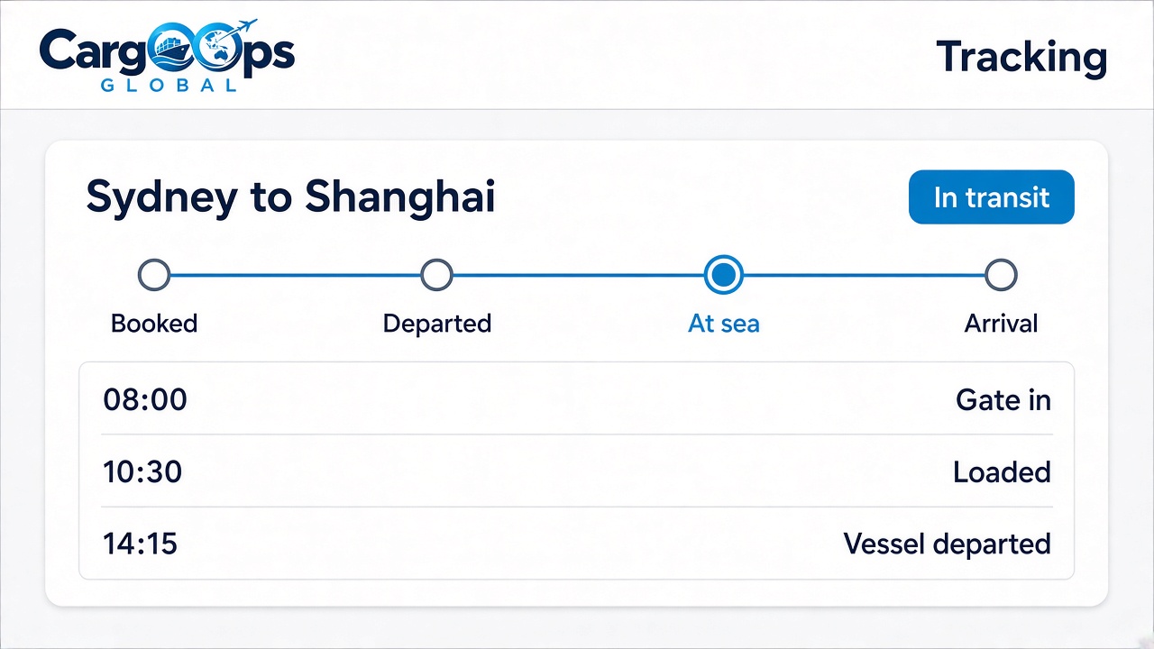Sample client tracking page for a Sydney to Shanghai shipment
